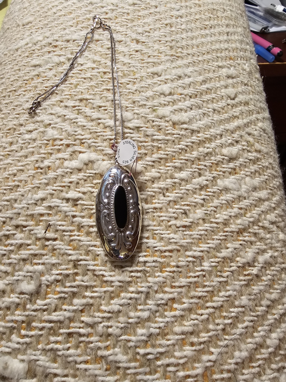 Sterling Silver Oval Black Onyx Pendant Necklace With Sterling Chain